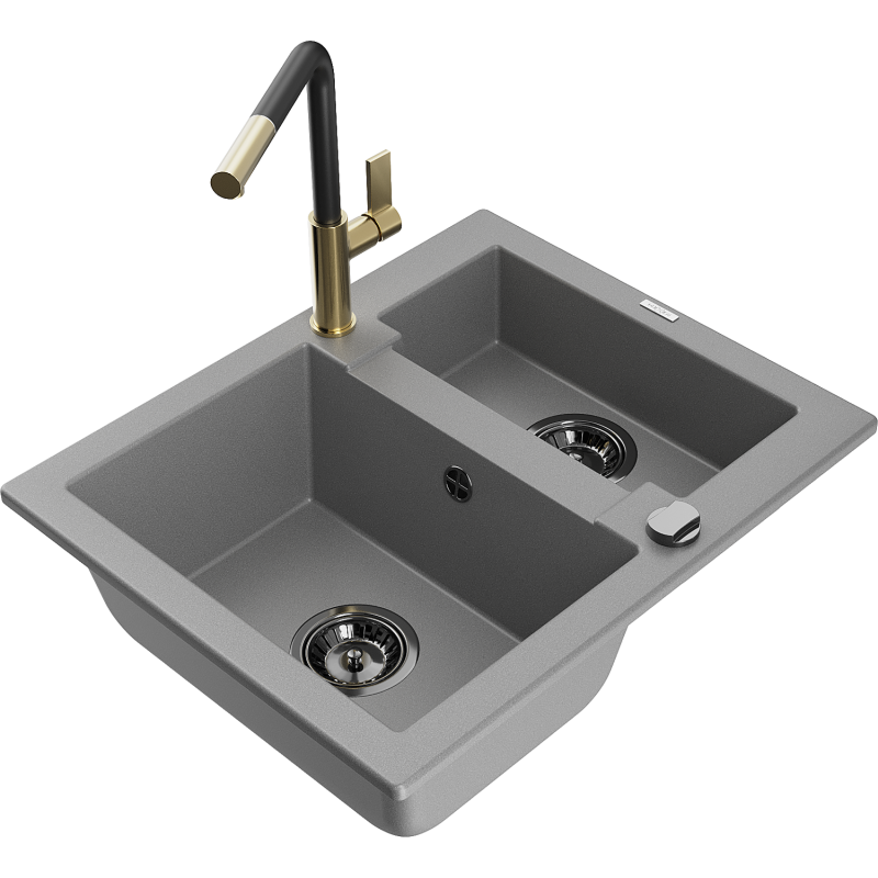 Mexen Carlos granitový drez 1,5-komorový s kuchynskou batériou Flora, sivý - 6518-71-670401-57-B