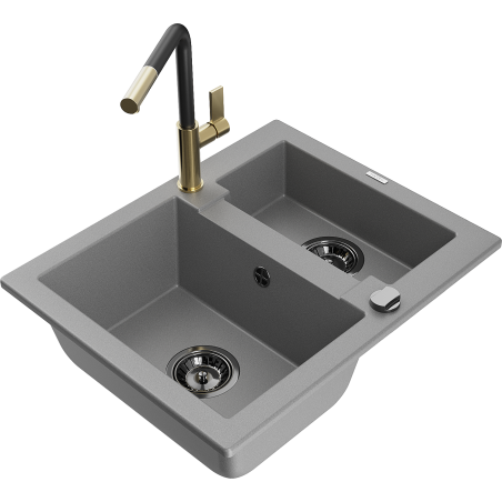 Mexen Carlos granitový drez 1,5-komorový s kuchynskou batériou Flora, sivý - 6518-71-670401-57-B