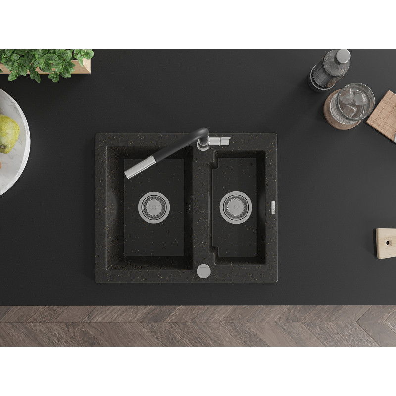 Mexen Carlos žulový kuchynský drez 1,5-komorový s kuchynskou batériou Flora, čierny/zlatý metalik - 6518-75-670401-07
