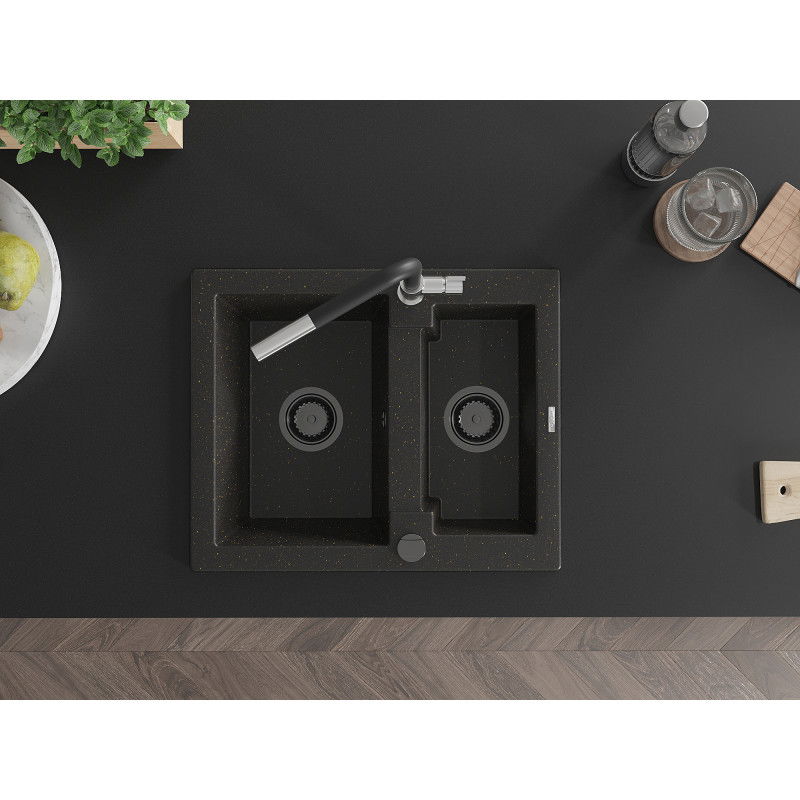 Mexen Carlos granitový drez 1,5-komorový s kuchynskou batériou Flora, čierny/zlatý metalik - 6518-75-670401-07-B