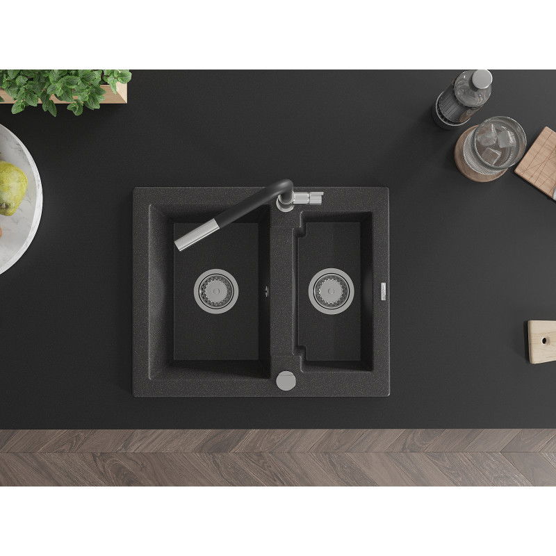 Mexen Carlos granitový drez 1,5-komorový s kuchynskou batériou Flora, čierny škvrnitý - 6518-76-670401-07