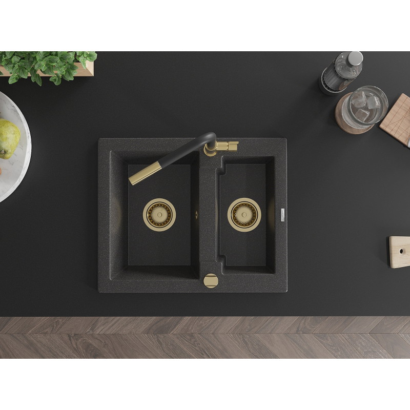 Mexen Carlos granitový drez 1,5-komorový s kuchynskou batériou Flora, čierna bodkovaná - 6518-76-670401-57-G