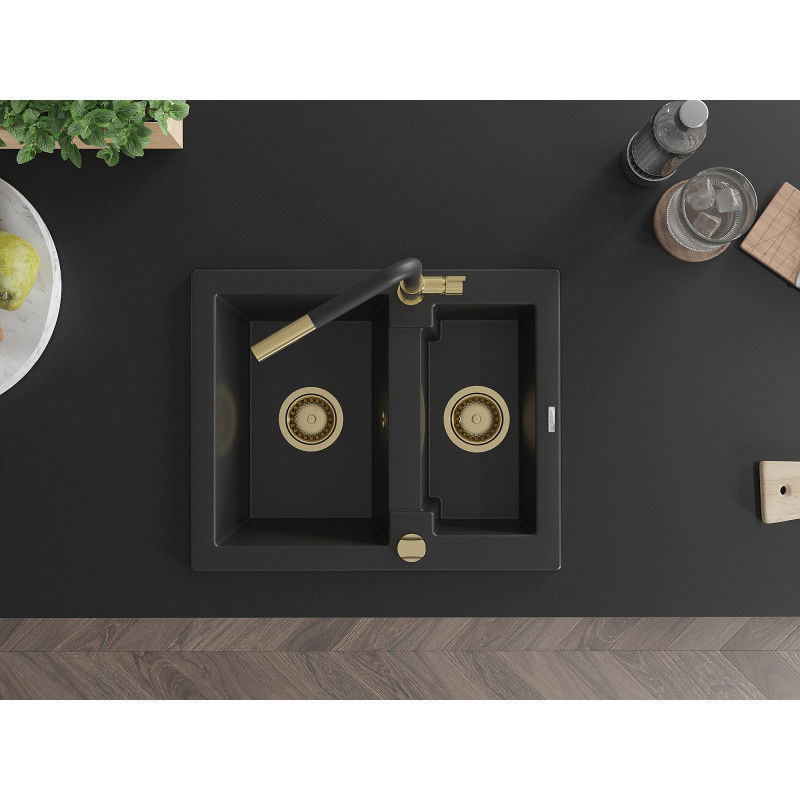 Mexen Carlos granitový kuchynský drez 1,5-komorový s kuchynskou batériou Flora, čierny - 6518-77-670401-57-G