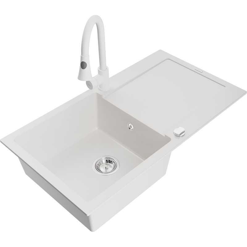 Mexen Leo granitový kuchynský drez 1-komorový s odkvapkávačom a kuchynskou batériou Elia, biely - 6501-20-670101-20