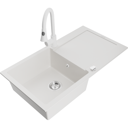 Mexen Leo granitový kuchynský drez 1-komorový s odkvapkávačom a kuchynskou batériou Elia, biely - 6501-20-670101-20