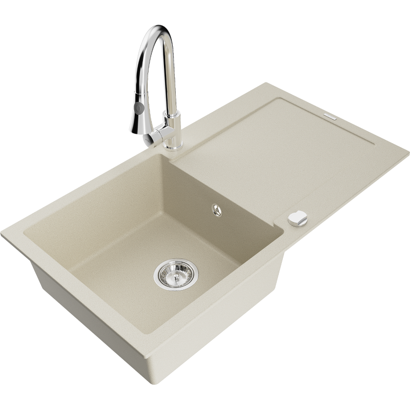 Mexen Leo granitový kuchynský drez 1-komorový s odkvapkávačom a kuchynskou batériou Elia, béžový - 6501-69-670101-00