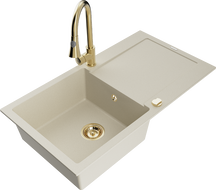 Mexen Leo žulový kuchynský drez s 1 komorou, odkvapkávačom a kuchynskou batériou Elia, béžový - 6501-69-670101-50