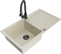 Mexen Leo granitový drez 1-komorový s odkvapkávačom a kuchynskou batériou Elia, béžový - 6501-69-670101-70