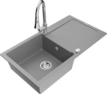 Mexen Leo granitový kuchynský drez 1-komorový s odkvapkávačom a kuchynskou batériou Elia, sivý - 6501-71-670101-00