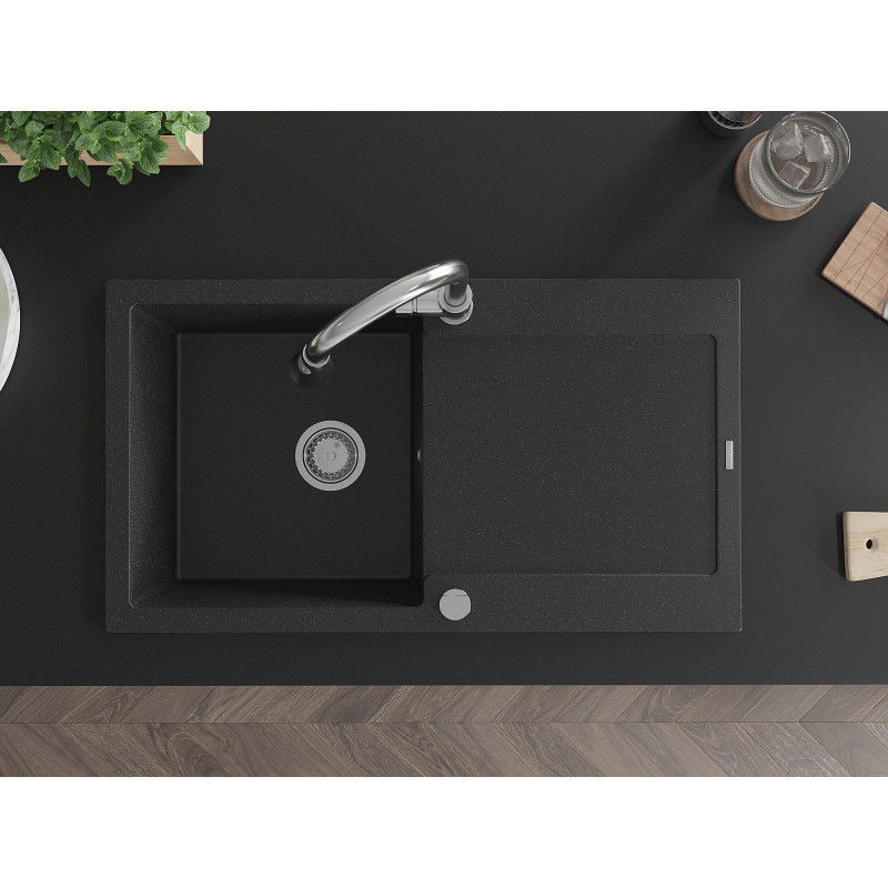 Mexen Leo žulový kuchynský drez s 1 komorou, odkvapom a kuchynskou batériou Elia, čierny/strieborný metalik