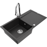 Mexen Leo žulový kuchynský drez s 1 komorou, odkvapom a kuchynskou batériou Elia, čierny/strieborný metalik