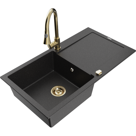 Mexen Leo žulový drez s 1 komorou s odkvapkávačom a kuchynskou batériou Elia, čierny/strieborný metalický