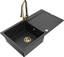 Mexen Leo žulový drez s 1 komorou s odkvapkávačom a kuchynskou batériou Elia, čierny/strieborný metalický