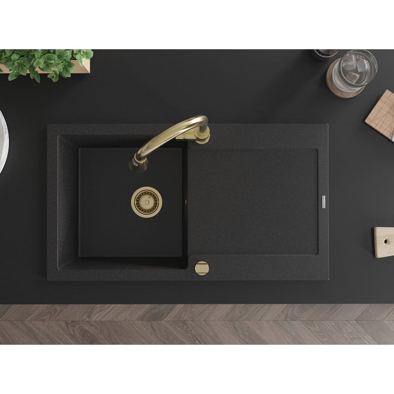 Mexen Leo žulový drez s 1 komorou s odkvapkávačom a kuchynskou batériou Elia, čierny/strieborný metalický