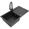 Mexen Leo žulový drez s 1 komorou a odkvapkávačom a kuchynskou batériou Elia, čierny/strieborný metalický - 6501-73-670101-70-B