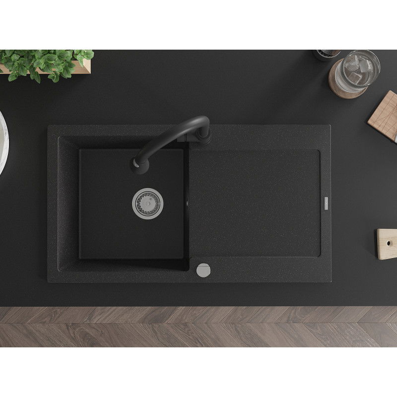 Mexen Leo granitový drez 1-komorový s odkvapkávačom a kuchynskou batériou Elia, čierny/strieborný metalik - 6501-73-670101-70
