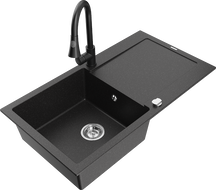 Mexen Leo granitový drez 1-komorový s odkvapkávačom a kuchynskou batériou Elia, čierny/strieborný metalik - 6501-73-670101-70