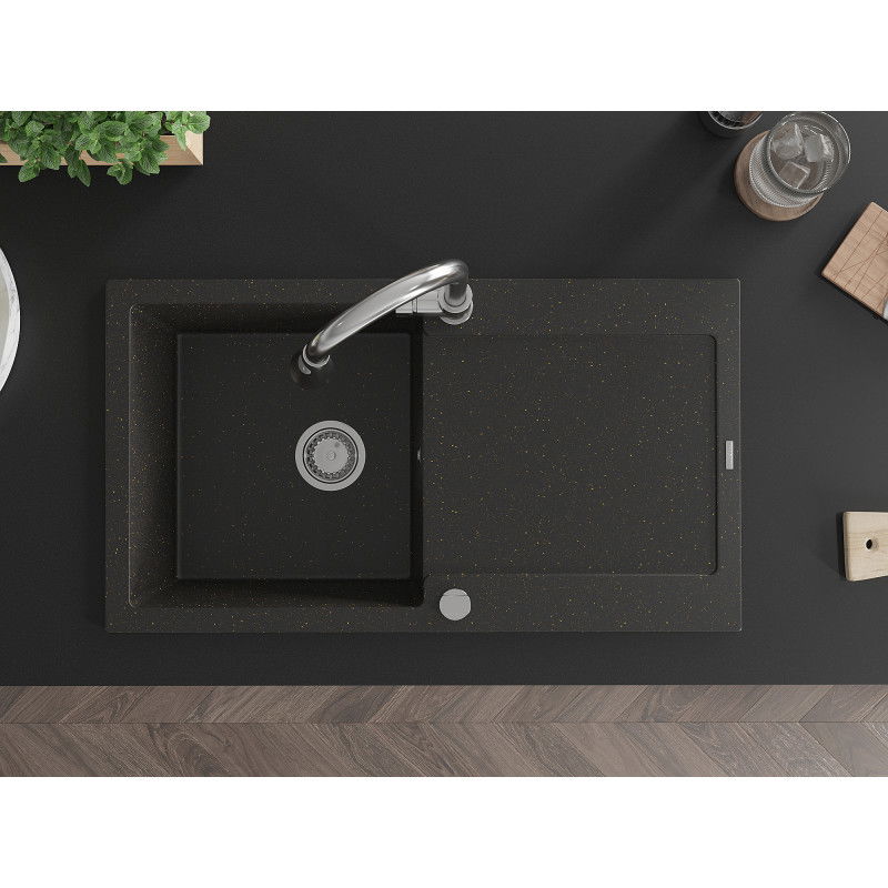 Mexen Leo granitový drez s 1 komorou s odkvapkávačom a kuchynskou batériou Elia, čierny/zlatý metalik - 6501-75-670101-00
