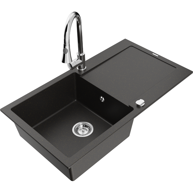 Mexen Leo granitový drez s 1 komorou s odkvapkávačom a kuchynskou batériou Elia, čierny/zlatý metalik - 6501-75-670101-00