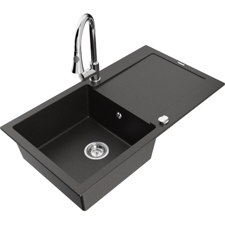 Mexen Leo granitový drez s 1 komorou s odkvapkávačom a kuchynskou batériou Elia, čierny/zlatý metalik - 6501-75-670101-00