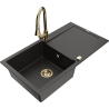 Mexen Leo granitový kuchynský drez s odkvapkávačom a kuchynskou batériou Elia, čierny/zlatý metalik - 6501-75-670101-50