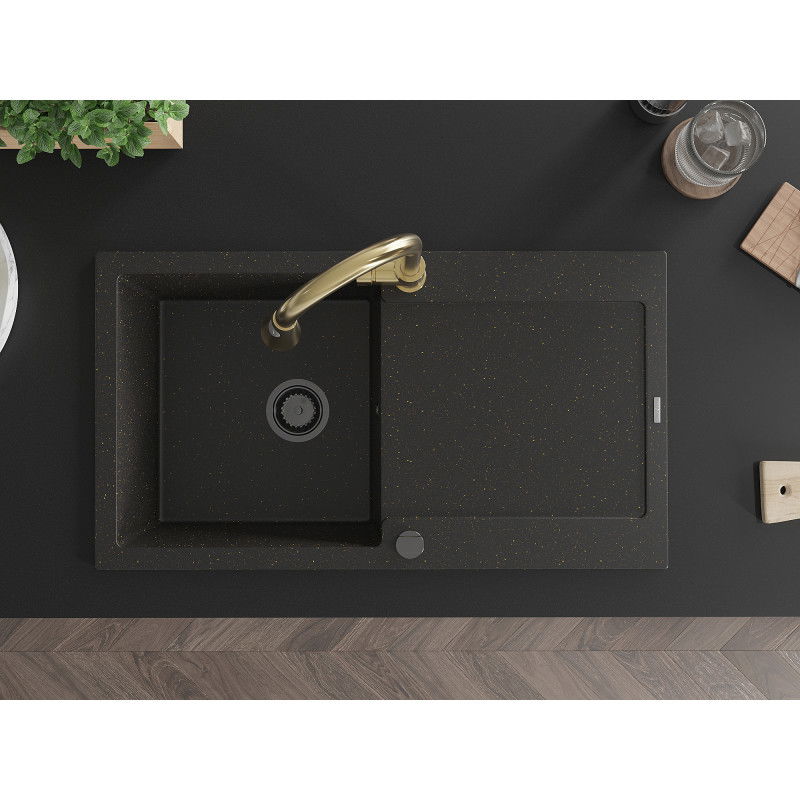 Mexen Leo granitový drez 1-komorový s odkvapkávačom a kuchynskou batériou Elia, čierny/zlatý metalik - 6501-75-670101-50-B