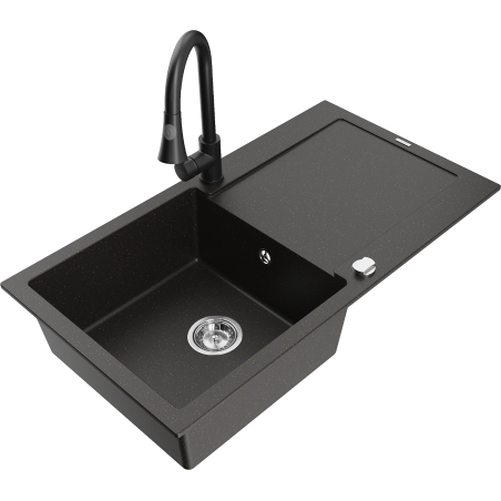 Mexen Leo granitový drez s jednou komorou, odkvapkávačom a kuchynskou batériou Elia, čierny/zlatý metalik