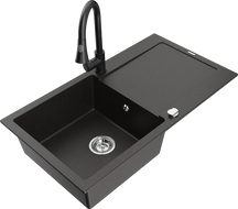 Mexen Leo granitový drez s jednou komorou, odkvapkávačom a kuchynskou batériou Elia, čierny/zlatý metalik