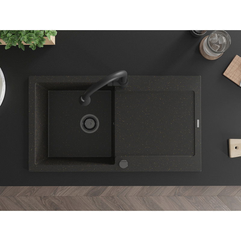 Mexen Leo granitový kuchynský drez s 1 komorou, odkvapkávačom a kuchynskou batériou Elia, čierny/zlatý metalický