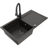 Mexen Leo granitový kuchynský drez s 1 komorou, odkvapkávačom a kuchynskou batériou Elia, čierny/zlatý metalický