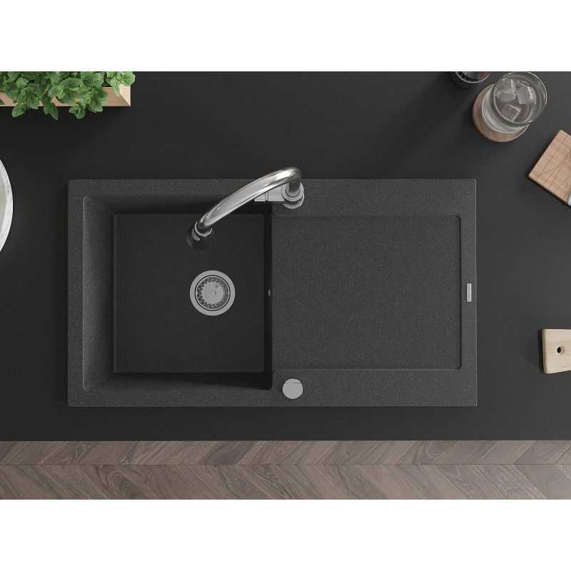 Mexen Leo granitový kuchynský drez s 1 komorou, odkvapkávačom a kuchynskou batériou Elia, čierny s fľakmi - 6501-76-670101-00