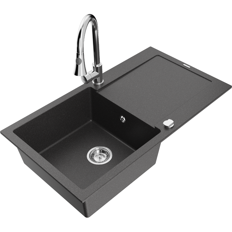 Mexen Leo granitový kuchynský drez s 1 komorou, odkvapkávačom a kuchynskou batériou Elia, čierny s fľakmi - 6501-76-670101-00