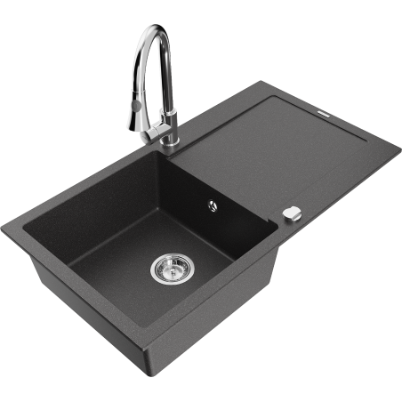Mexen Leo granitový kuchynský drez s 1 komorou, odkvapkávačom a kuchynskou batériou Elia, čierny s fľakmi - 6501-76-670101-00