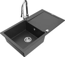 Mexen Leo granitový kuchynský drez s 1 komorou, odkvapkávačom a kuchynskou batériou Elia, čierny s fľakmi - 6501-76-670101-00