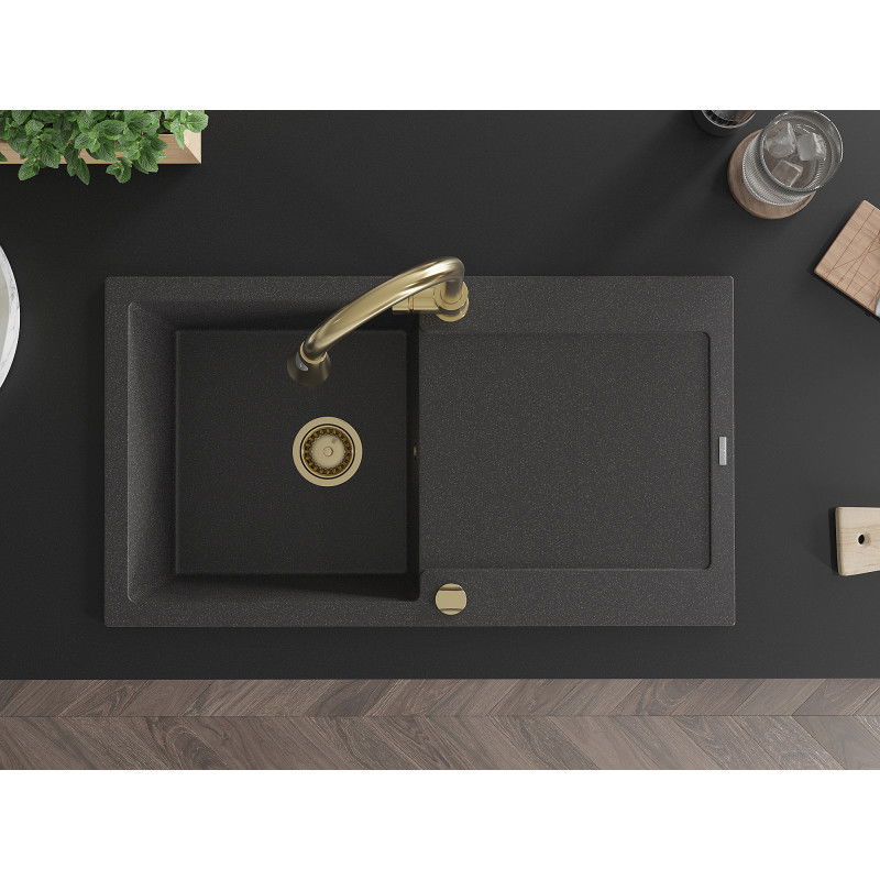 Mexen Leo granitový drez 1-komorový s odkvapkávacou plochou a kuchynskou batériou Elia, čierny s bodkami - 6501-76-670101-50
