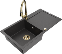 Mexen Leo granitový drez 1-komorový s odkvapkávacou plochou a kuchynskou batériou Elia, čierny s bodkami - 6501-76-670101-50