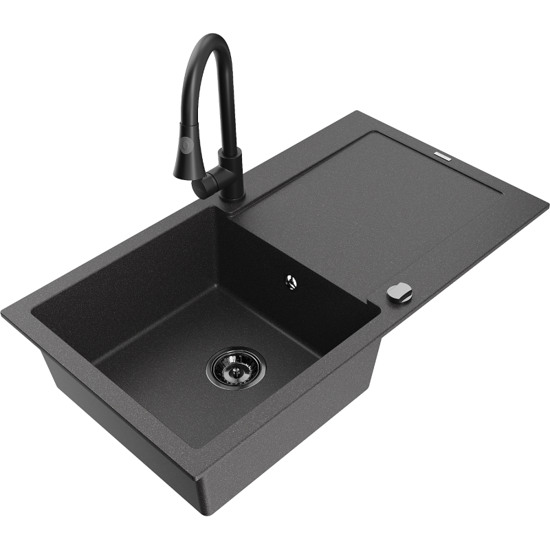 Mexen Leo granitový drez 1-komorový s odkvapkávačom a kuchynská batéria Elia, čierna škvrnitá - 6501-76-670101-70-B