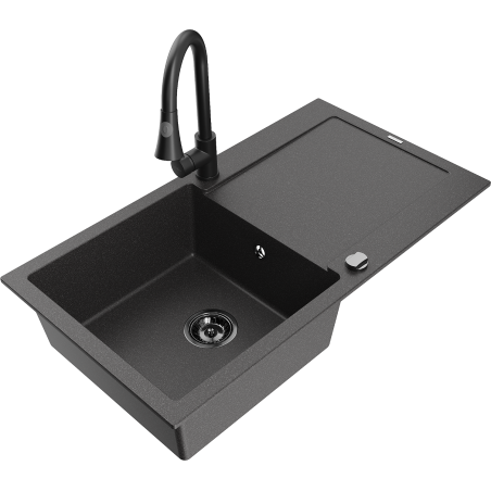 Mexen Leo granitový drez 1-komorový s odkvapkávačom a kuchynská batéria Elia, čierna škvrnitá - 6501-76-670101-70-B