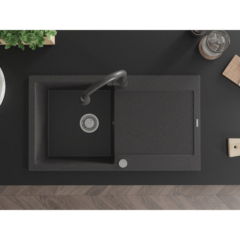 Mexen Leo žulový drez jednodrez s odkvapkávačom a kuchynskou batériou Elia, čierny škvrnitý - 6501-76-670101-76