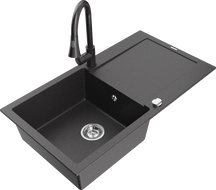 Mexen Leo žulový drez jednodrez s odkvapkávačom a kuchynskou batériou Elia, čierny škvrnitý - 6501-76-670101-76