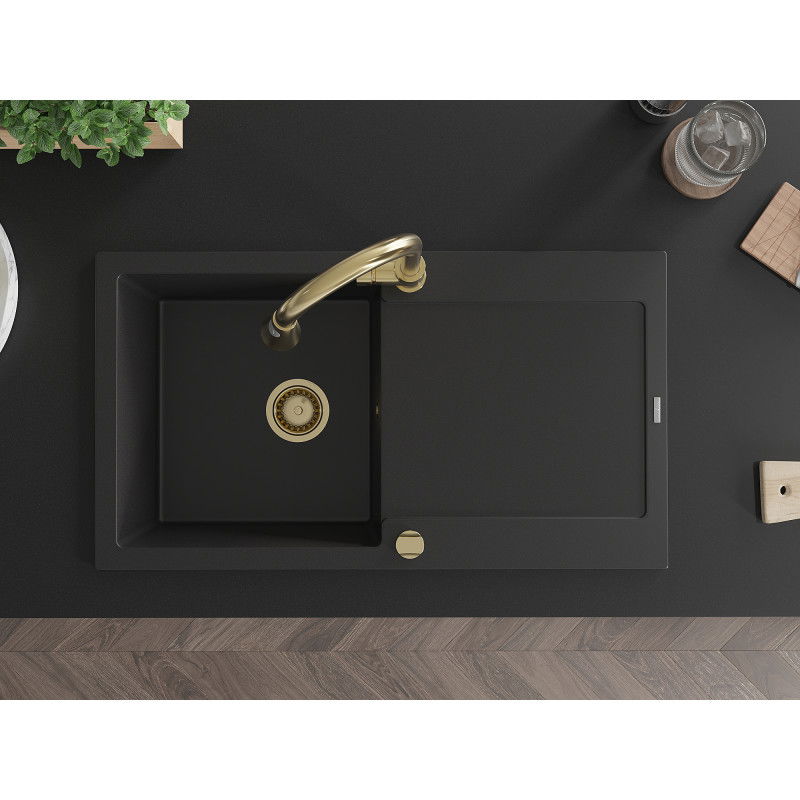 Mexen Leo žulový drez 1-komorový s odkvapkávačom a kuchynskou batériou Elia, čierny - 6501-77-670101-50