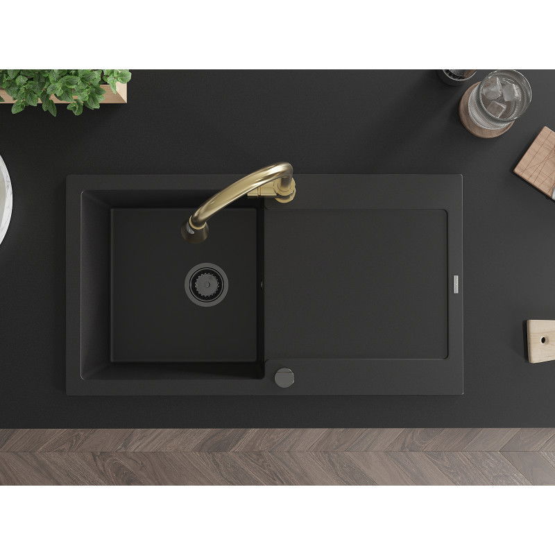 Mexen Leo granitový drez 1-komorový s odkvapkávačom a kuchynskou batériou Elia, čierny - 6501-77-670101-50-B
