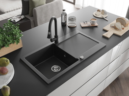 Mexen Leo granitový drez 1-komorový s odkvapkávačom a kuchynskou batériou Elia, čierny - 6501-77-670101-70