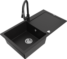 Mexen Leo granitový drez 1-komorový s odkvapkávačom a kuchynskou batériou Elia, čierny - 6501-77-670101-70