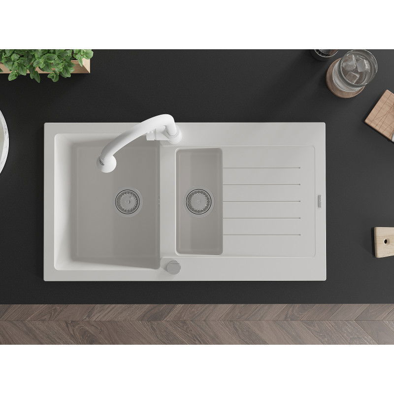 Mexen Matias kuchynský drez z granitu 1,5-komorový s odkapávačom a kuchynskou batériou Elia, biely - 6502-20-670101-20