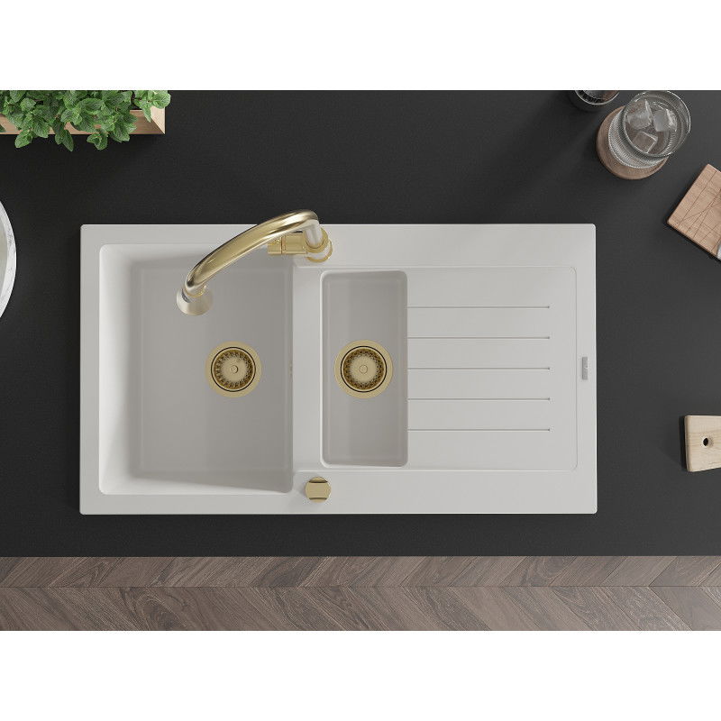 Mexen Matias granitový drez 1,5-komorový s odkvapkávačom a kuchynskou batériou Elia, biely - 6502-20-670101-50