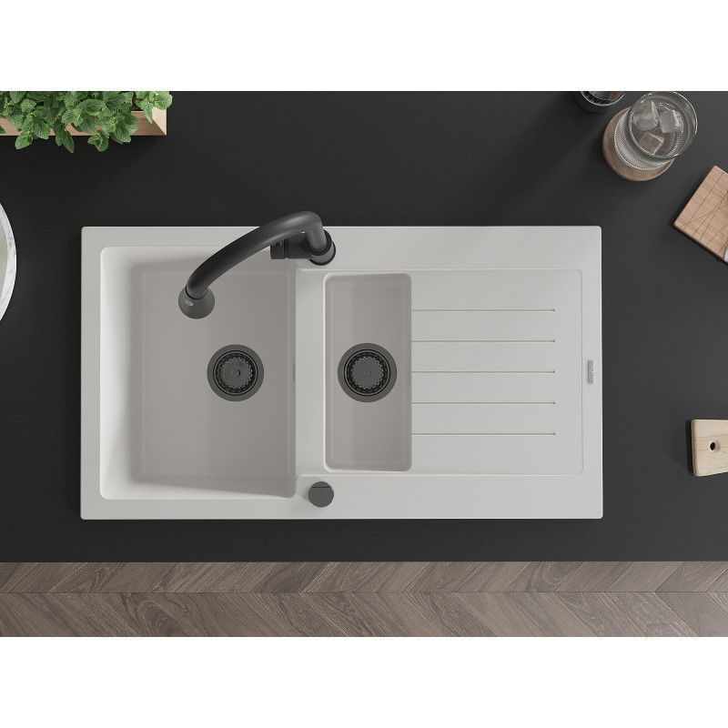 Mexen Matias granitový drez 1,5-komorový s odkvapkávačom a kuchynskou batériou Elia, biely - 6502-20-670101-70