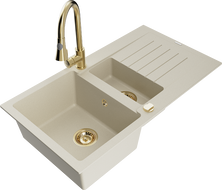 Mexen Matias žulový drez s 1,5 komorami s odkvapkávačom a kuchynskou batériou Elia, béžový - 6502-69-670101-50