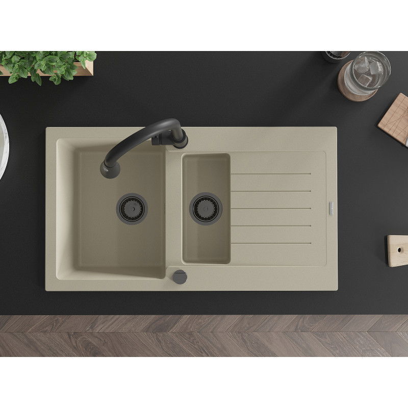 Mexen Matias granitový drez 1,5-komorový s odkvapkávačom a kuchynskou batériou Elia, béžový - 6502-69-670101-70