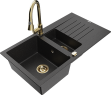 Mexen Matias žulový drez 1,5-komorový s odkvapkávačom a kuchynskou batériou Elia, čierny/strieborný metalik - 6502-73-670101-50